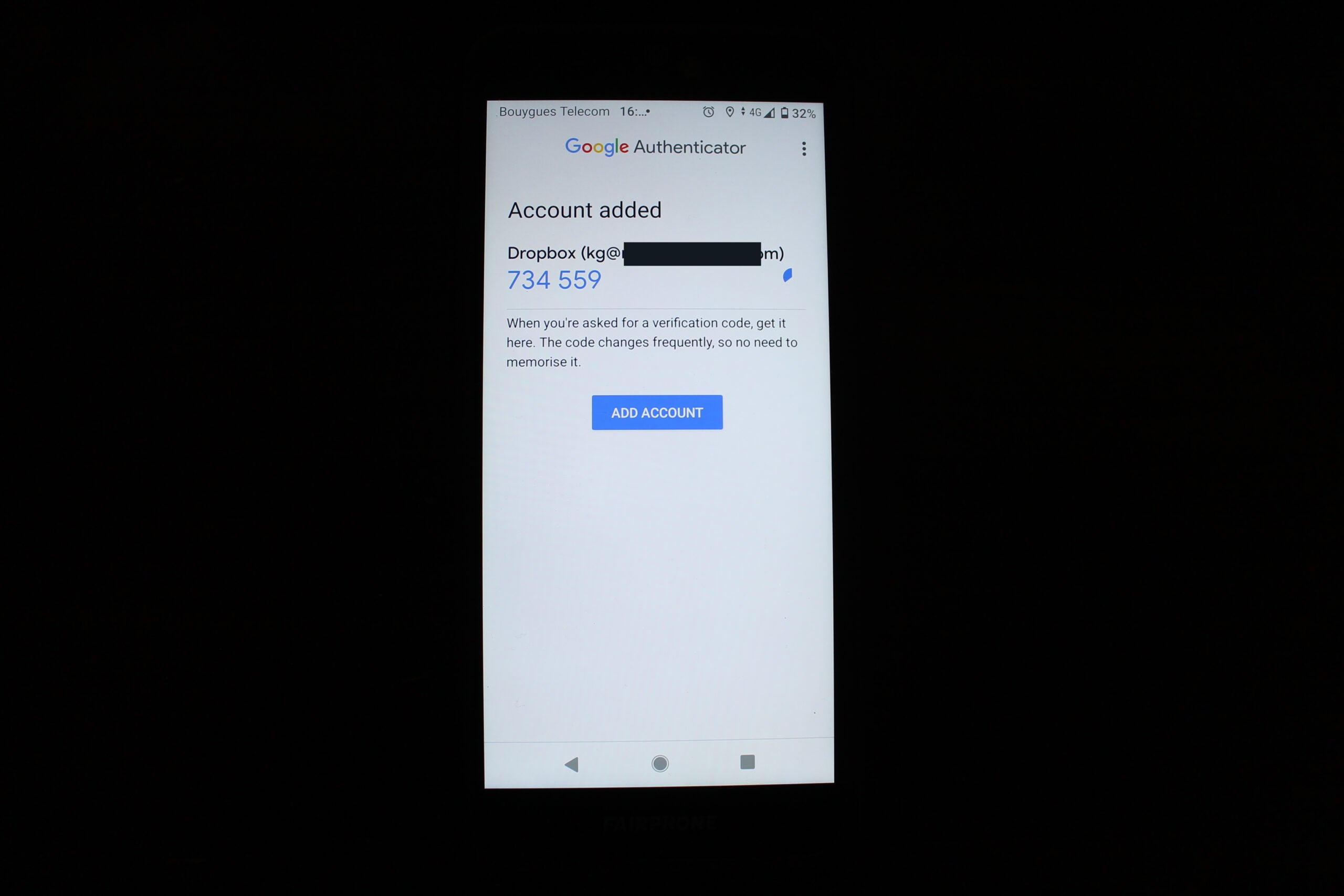 Google Authenticator displays a 2FA code for Dropbox
