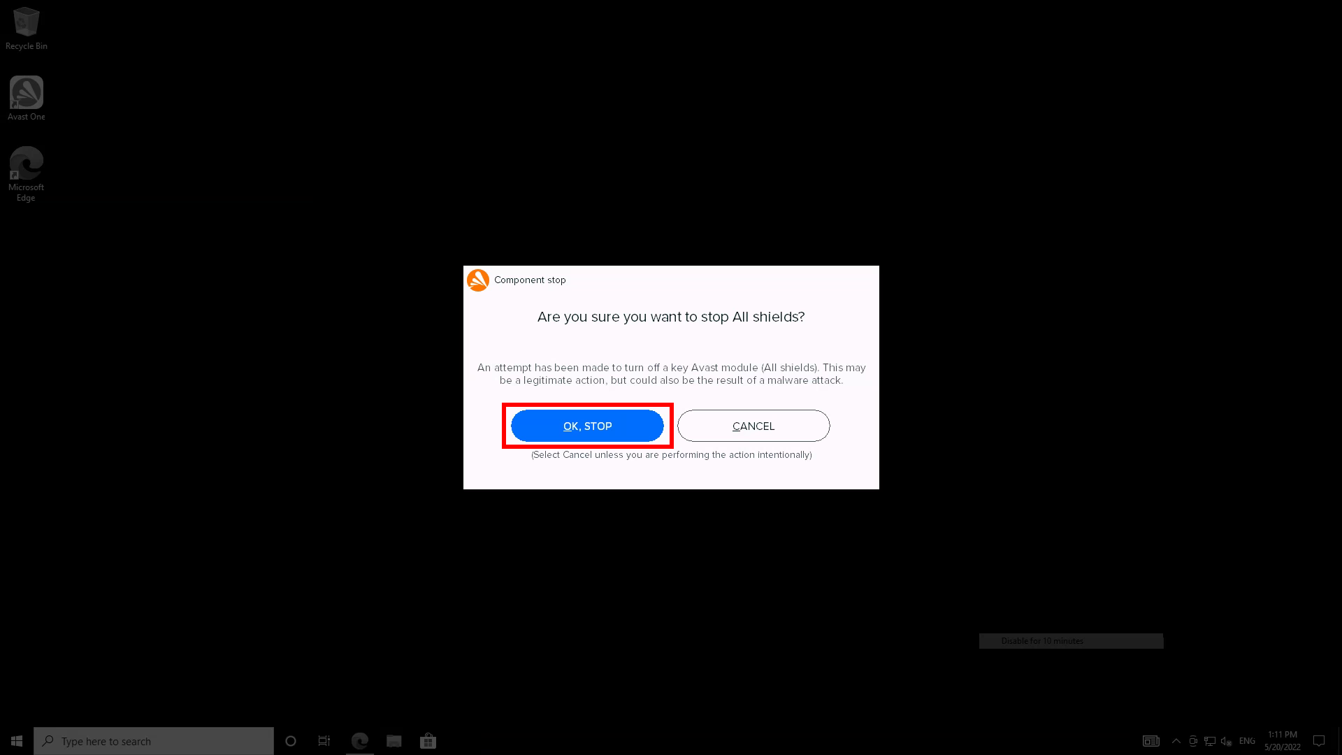 Avast disable shield confirmation