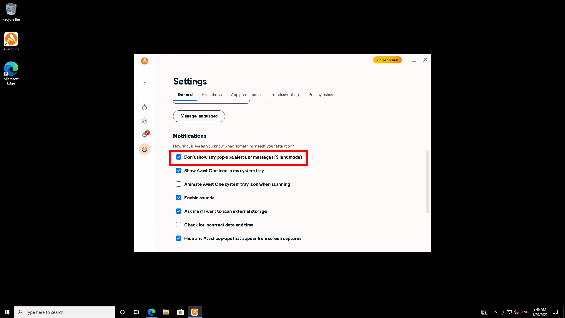 Avast one notification settings - silent mode is highlighted