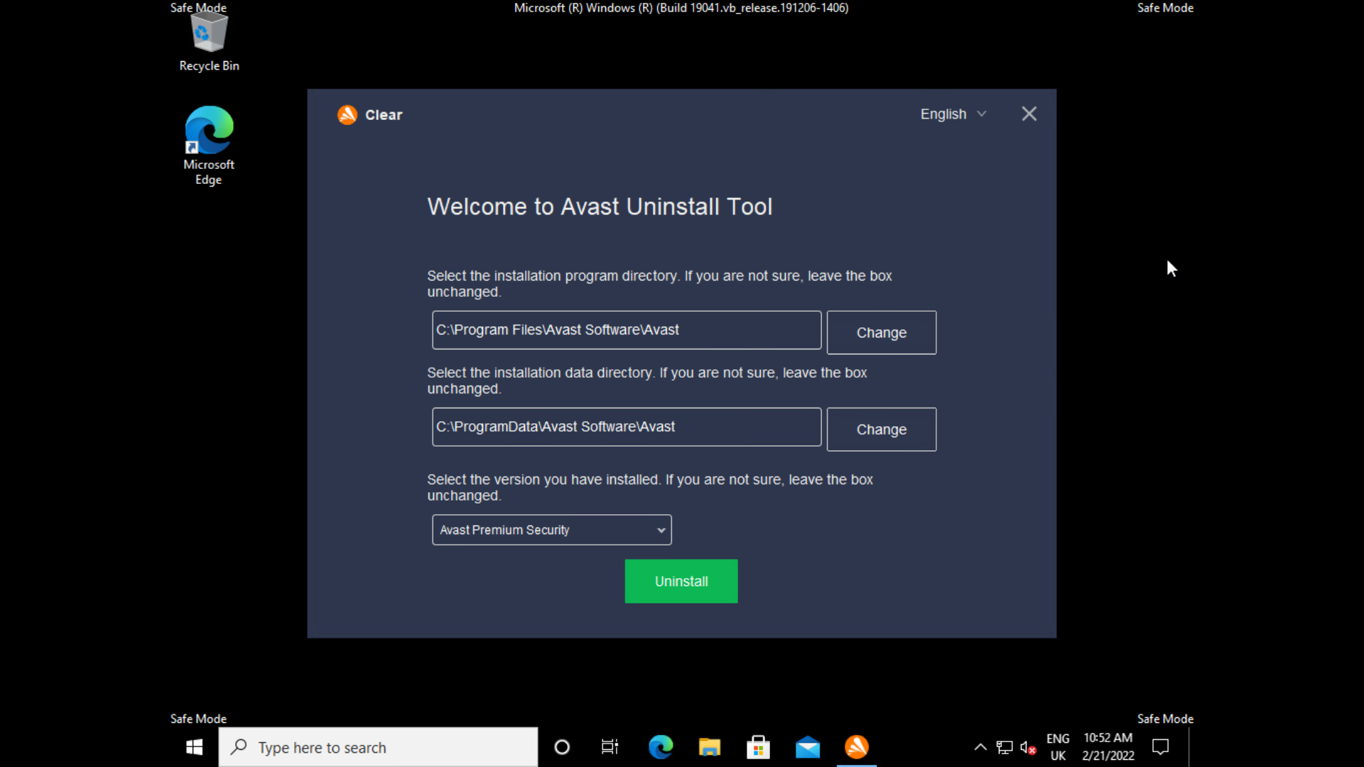 Select Avast removal options