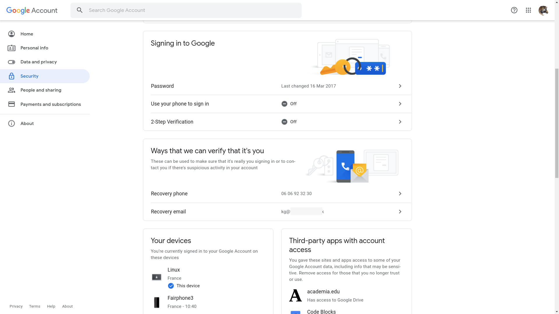 Google account security page