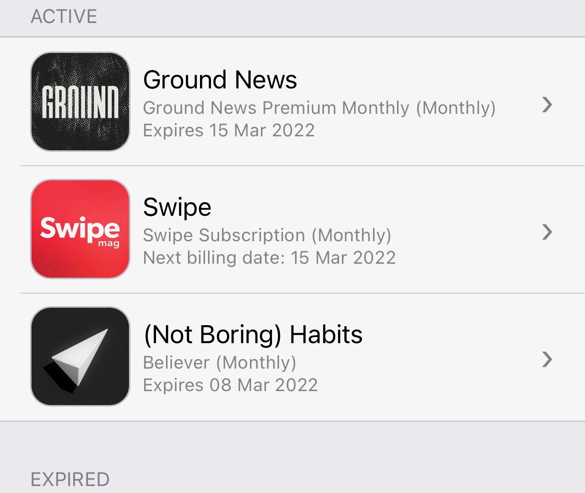 iOS active subscription screen