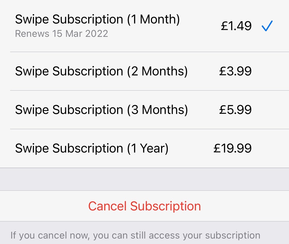 iOS Cancel Subscription screen