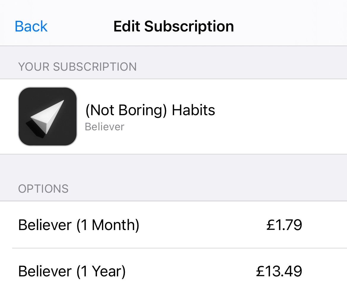 iOS subscription management screen