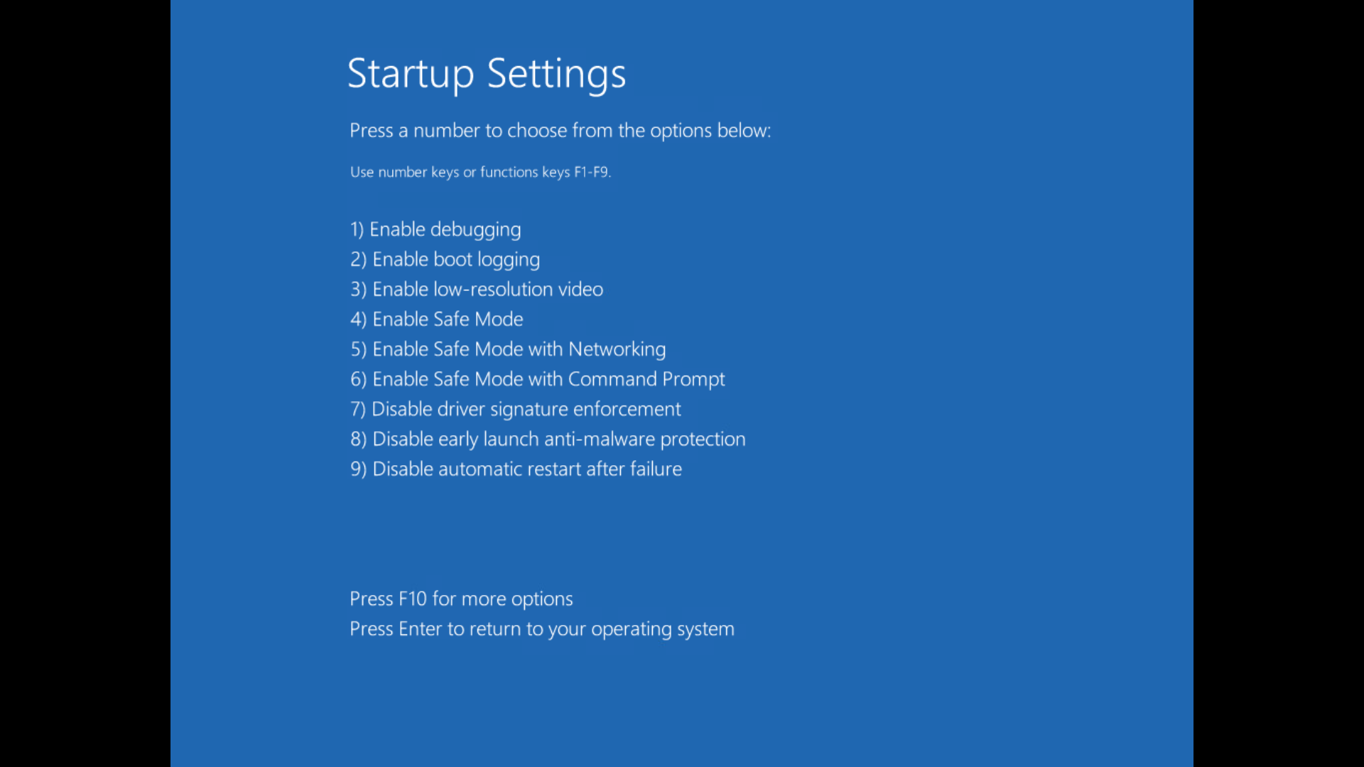 A list of startup settings for a troubleshooting reboot of Windows