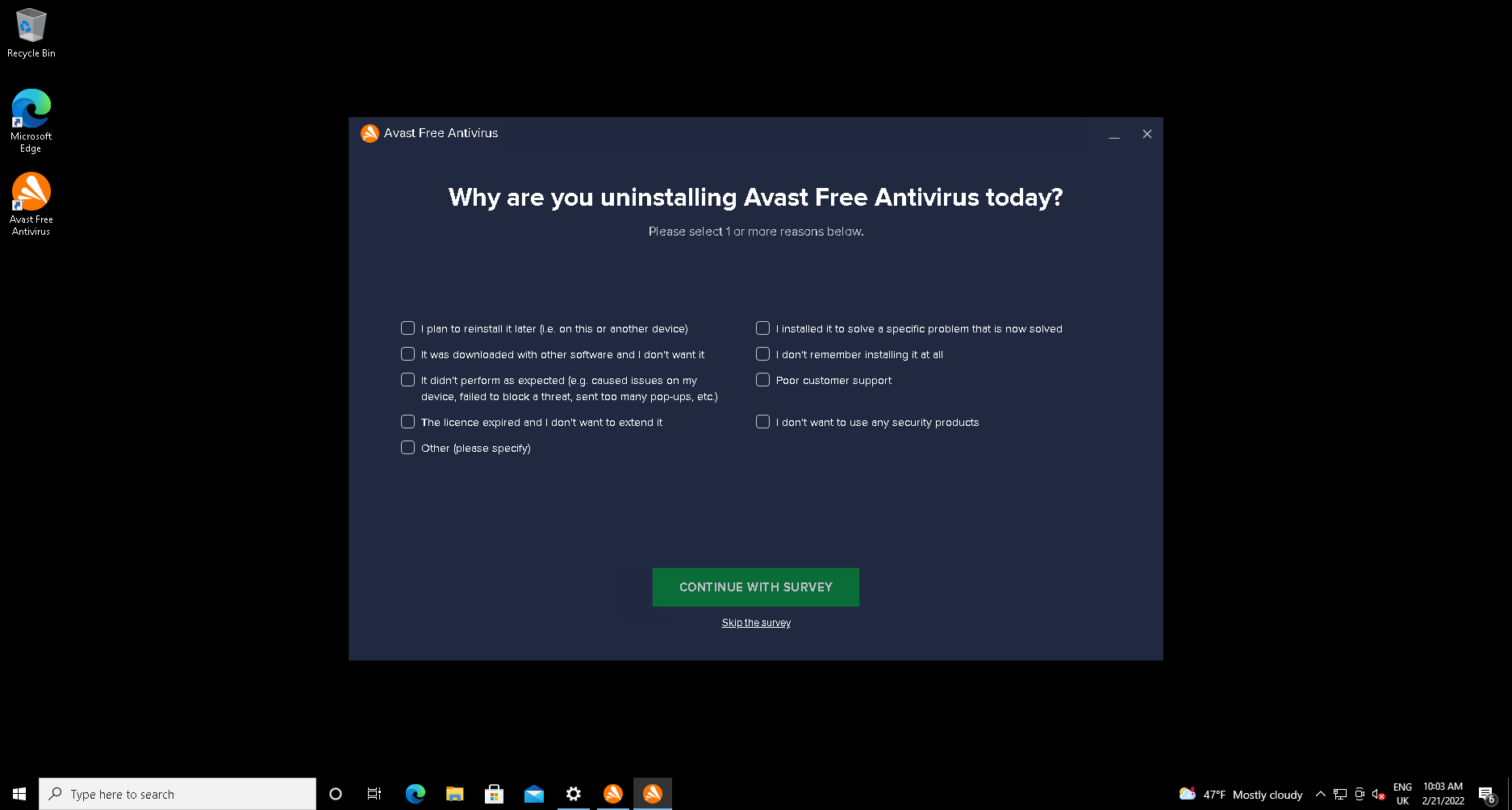 The Avast uninstallation survey is optional
