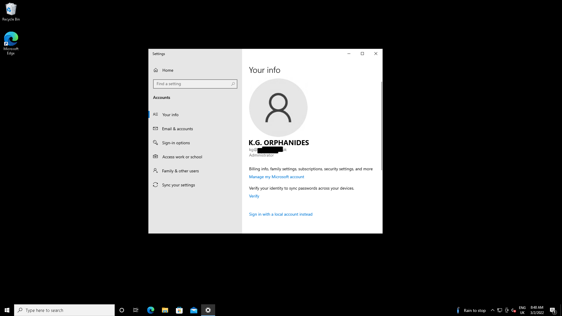 Windows user account settings