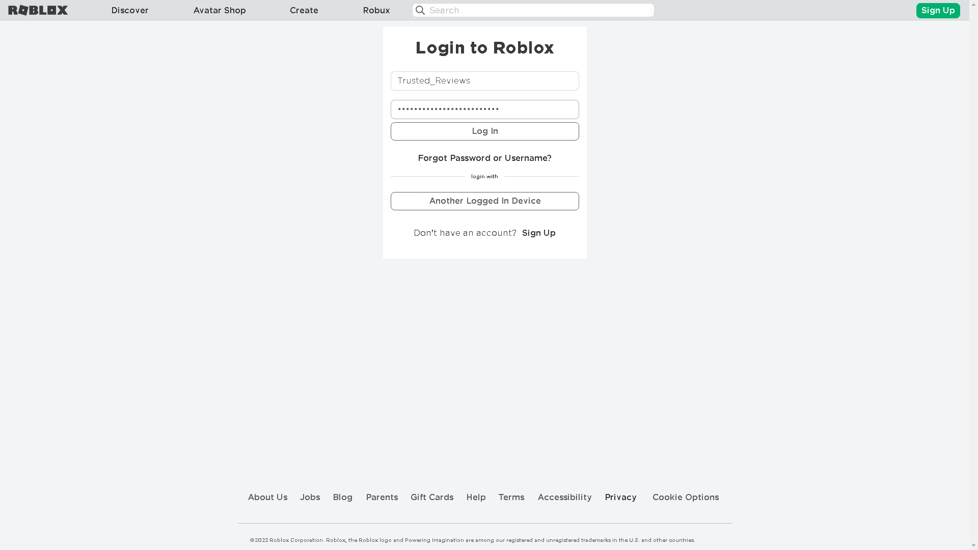 Roblox login screen