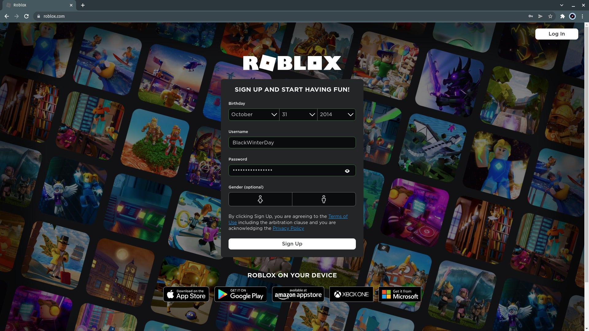 Roblox sign-up screen