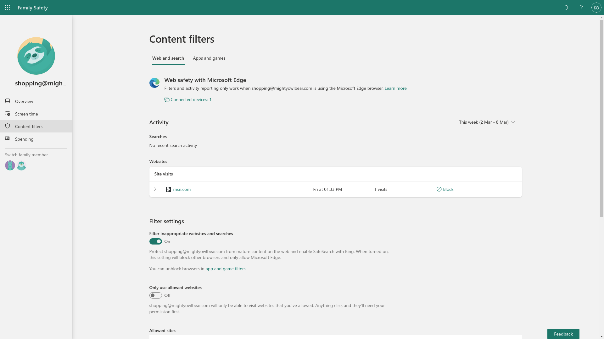 Content filters page