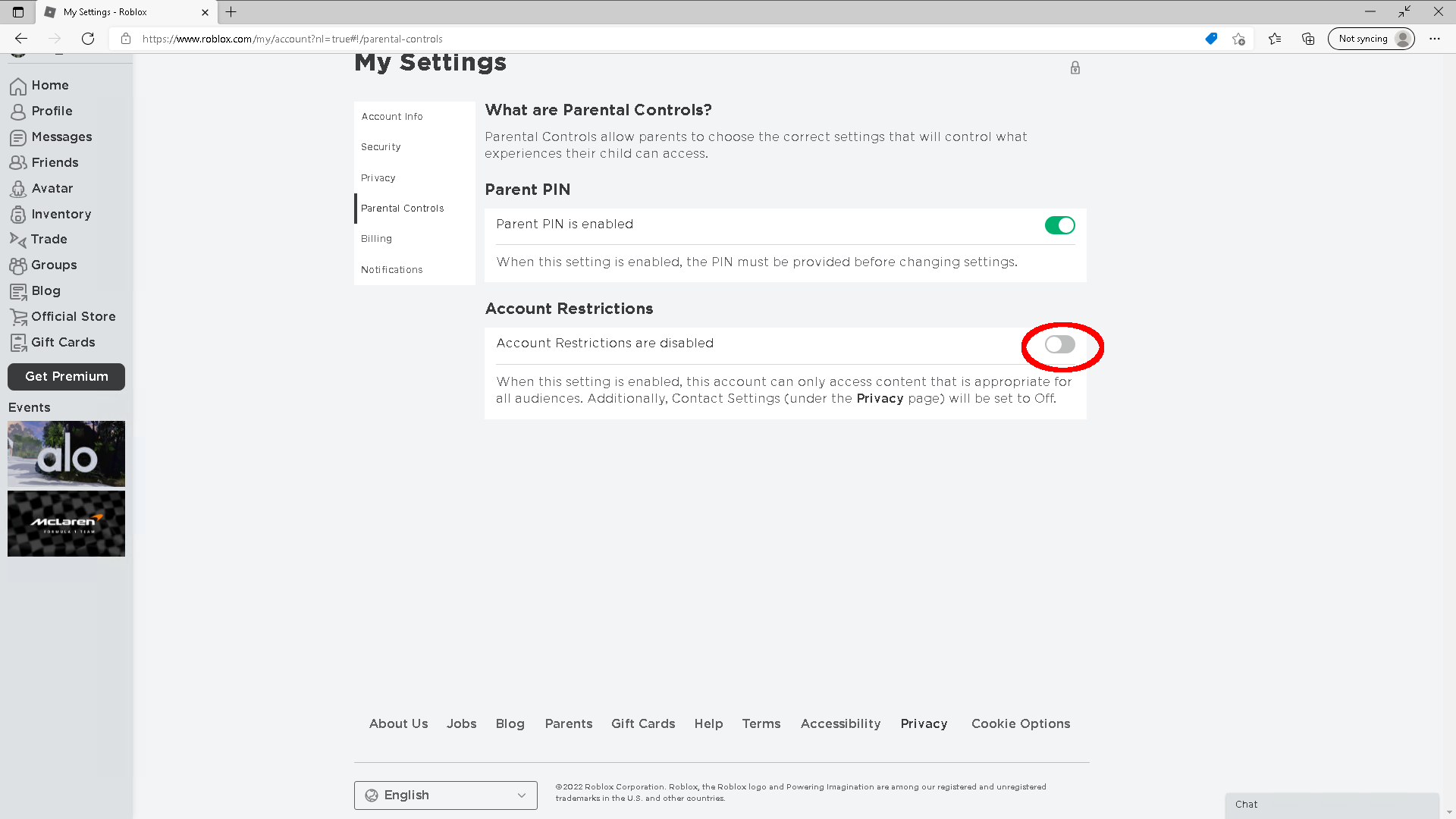 Account restrictions slider is highlighted