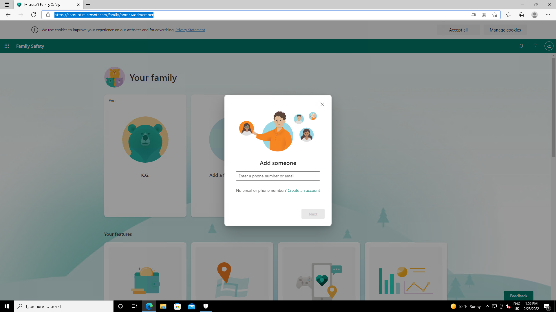A pop-up invites you to add a user to Family Safety