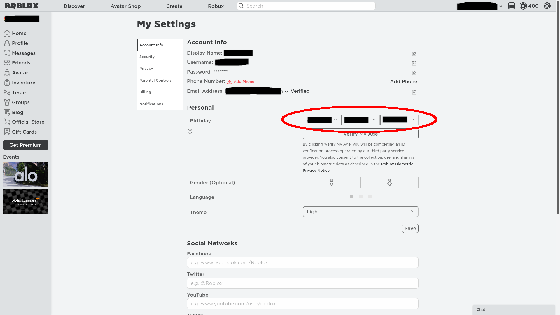 Roblox settings, birthday is cricled.