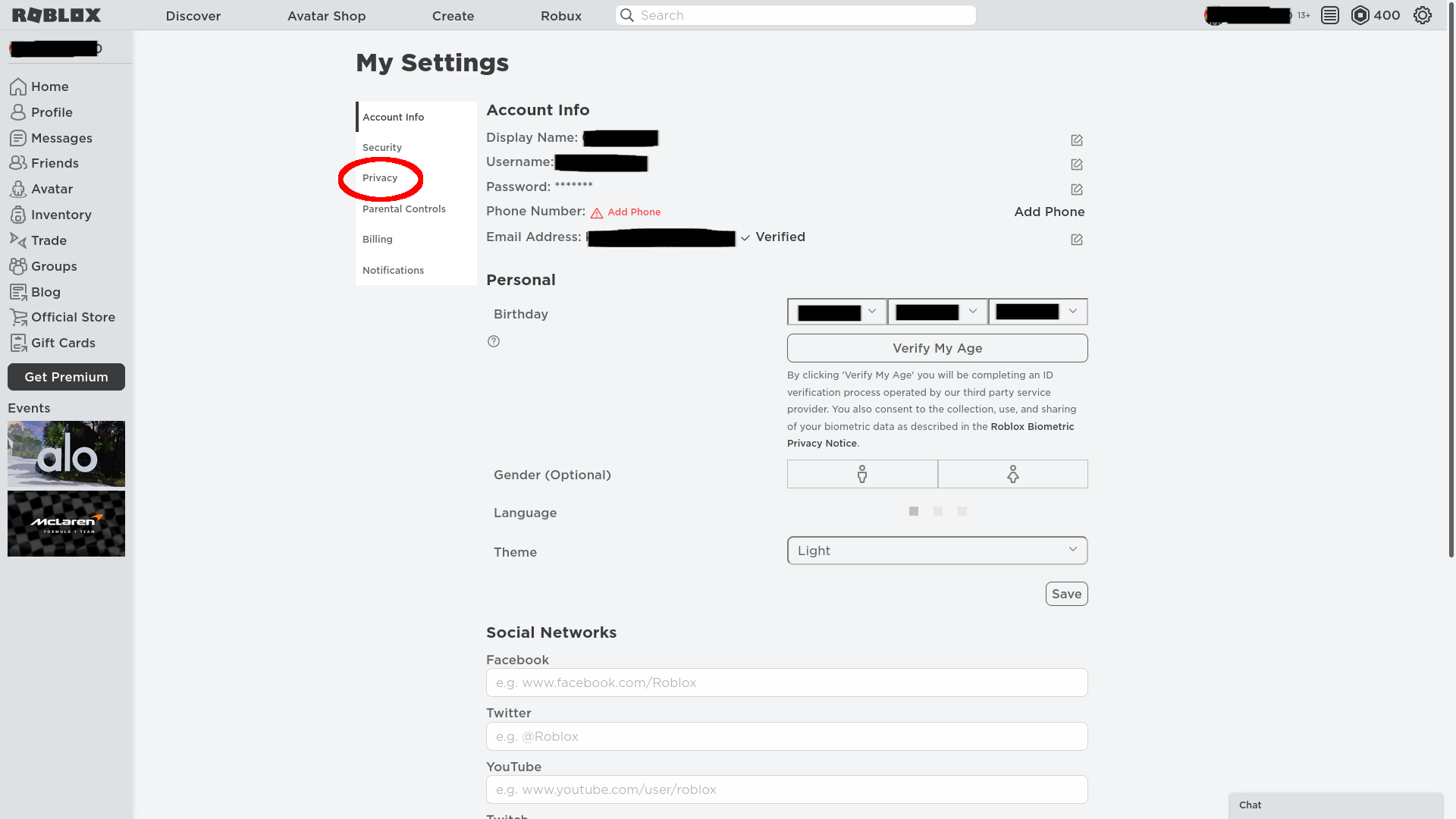 Roblox settings, the Privacy tab is circled