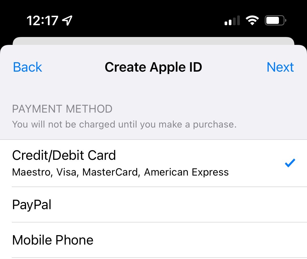iOS create Apple ID payment method