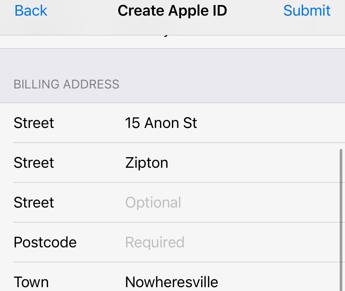 iOS create Apple ID billing address