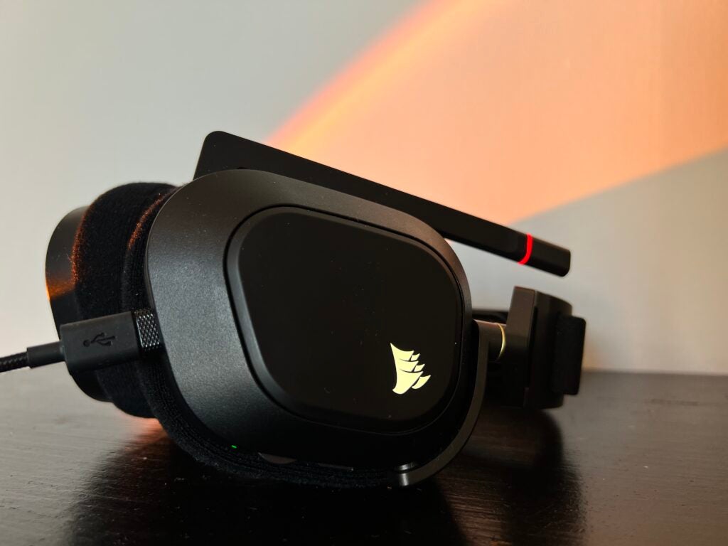 The Corsair HS80 RGB headset showing the RGB lighting logo 