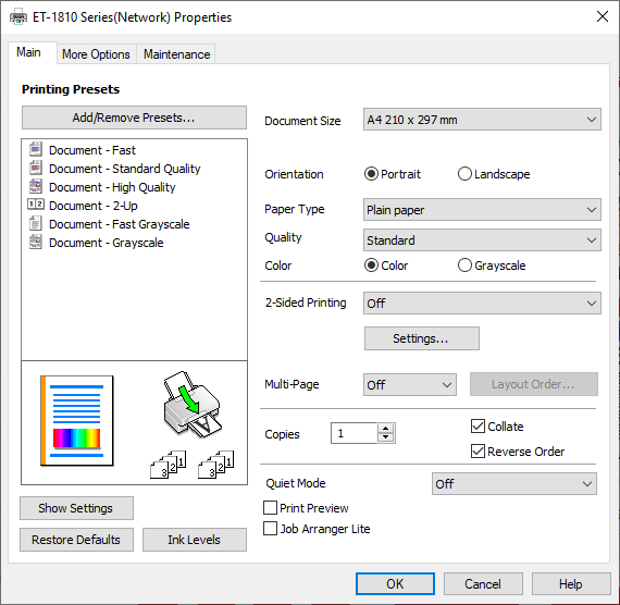 Screenshot of the printing settings