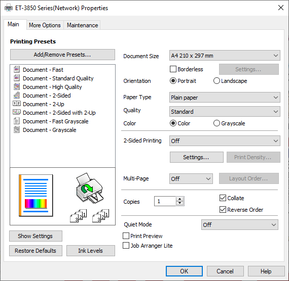 Epson EcoTank ET-3850 screenshot of printing properties