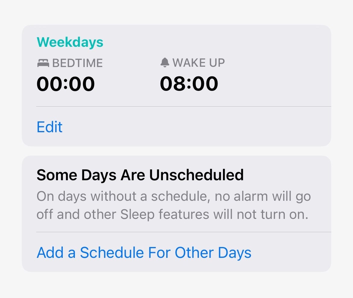 iOS Health bedtime add schedule
