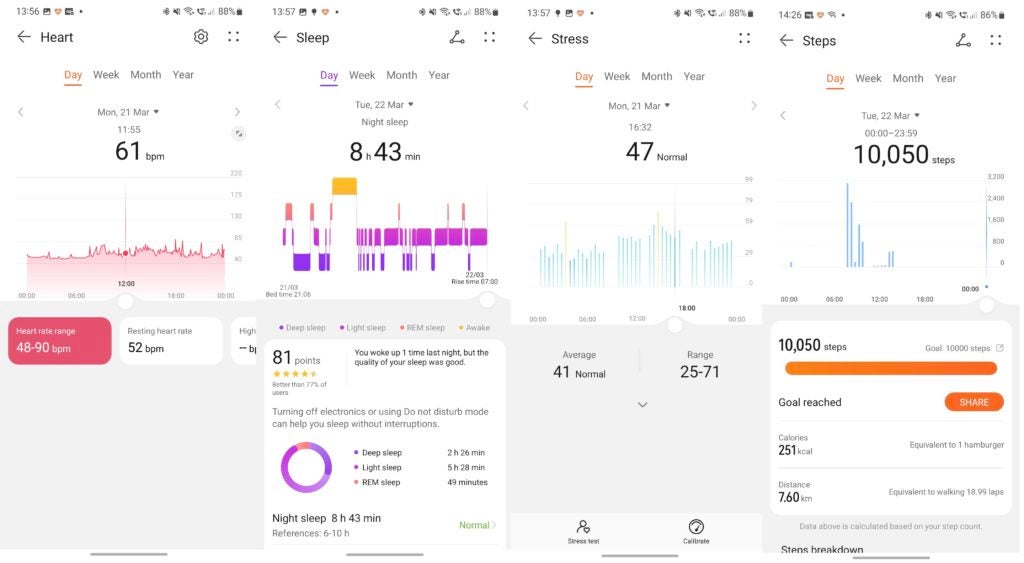 Huawei Health showing health metrics including heart rate, sleep tracking, stress, and step count