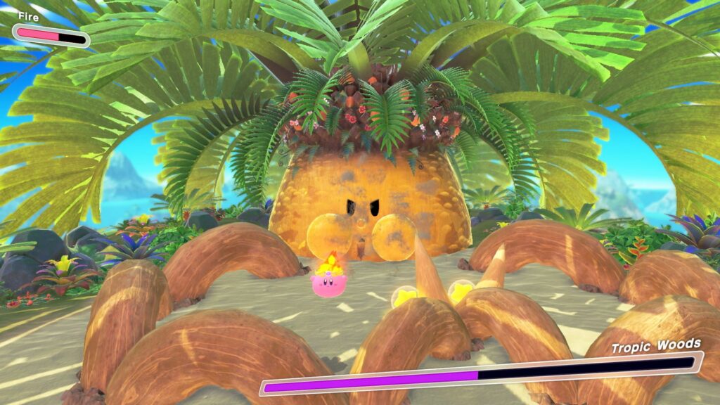 Kirby fighting against the Tropic Woods