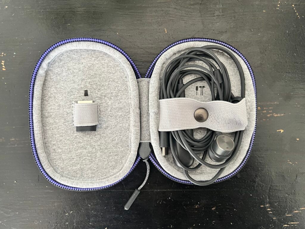 Logitech Zone Wired earbuds in pouch with USB-A port showing