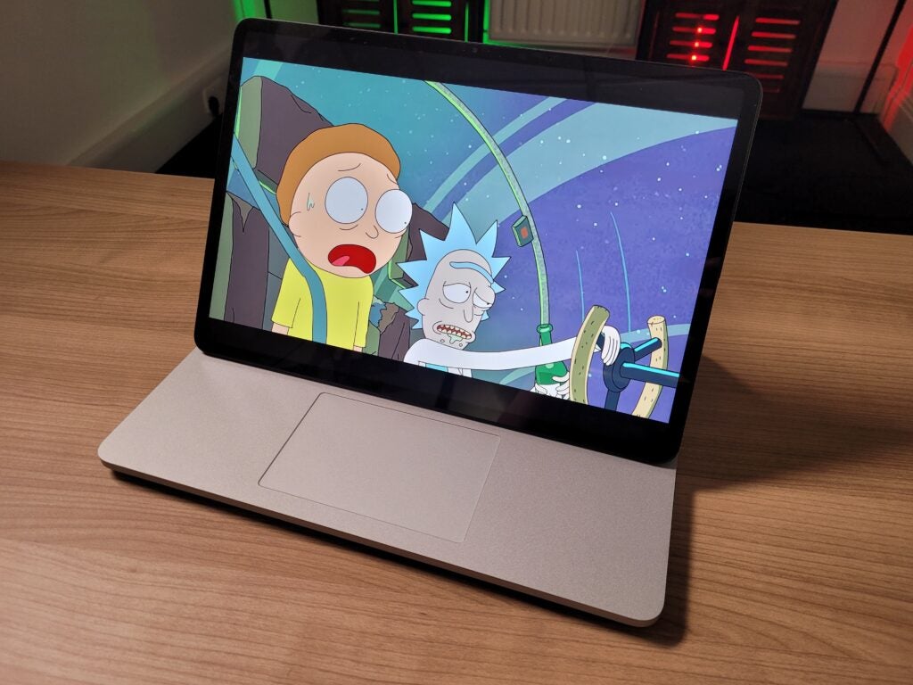 The Microsoft Surface Laptop Studio showing Rick and Mort on screen