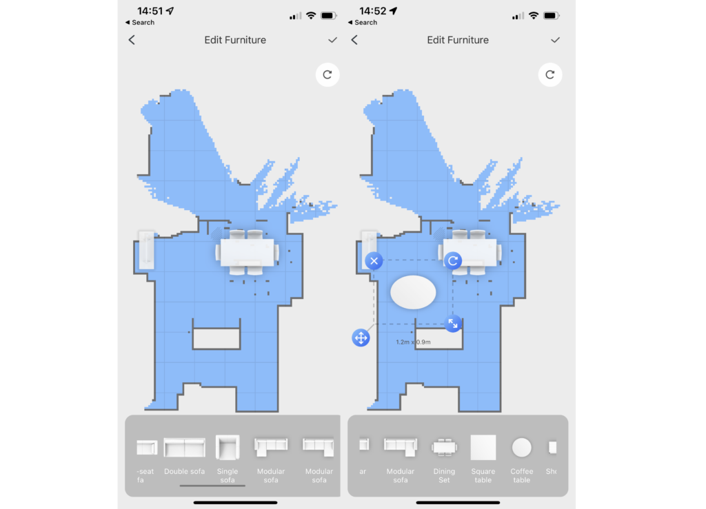 Roborock S7 MaxV Ultra app interface showing cleaning map and zones.Roborock app showing vacuum mapping and furniture editing feature.