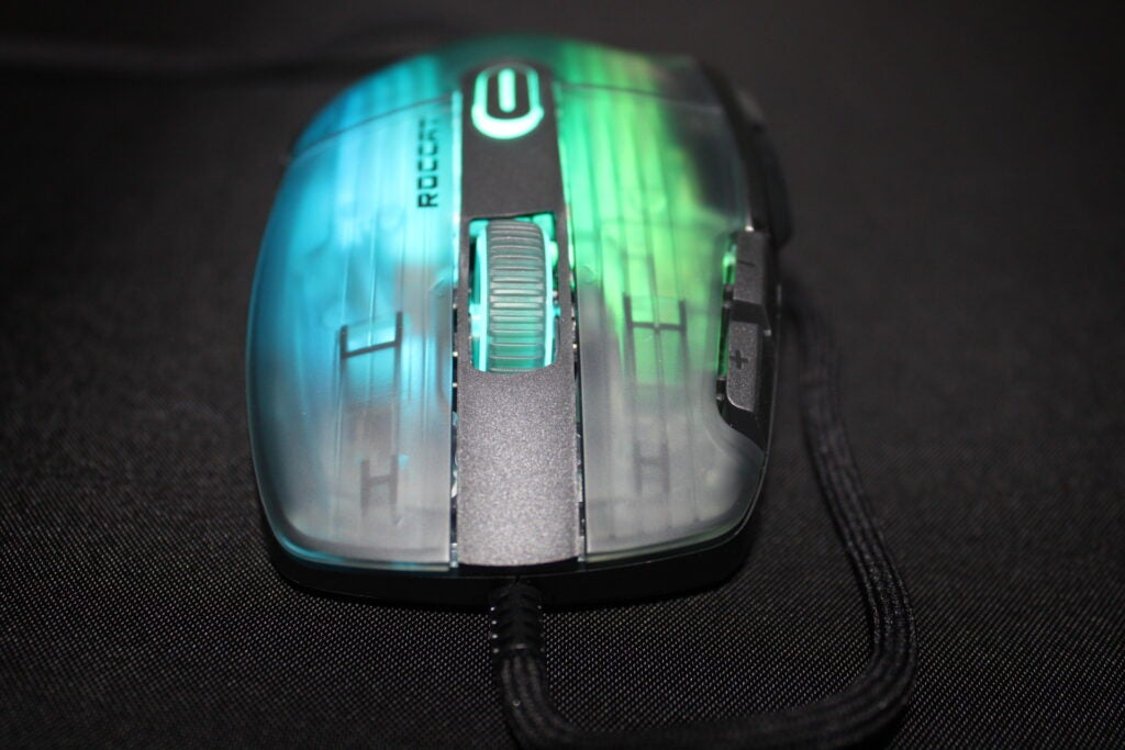 The Roccat Kone Xp viewed from the front, with its scroll wheel