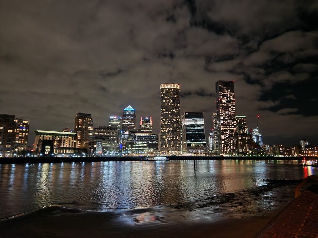Samsung Galaxy S22 Plus photo of Canary Wharf in the evening, Night Mode on