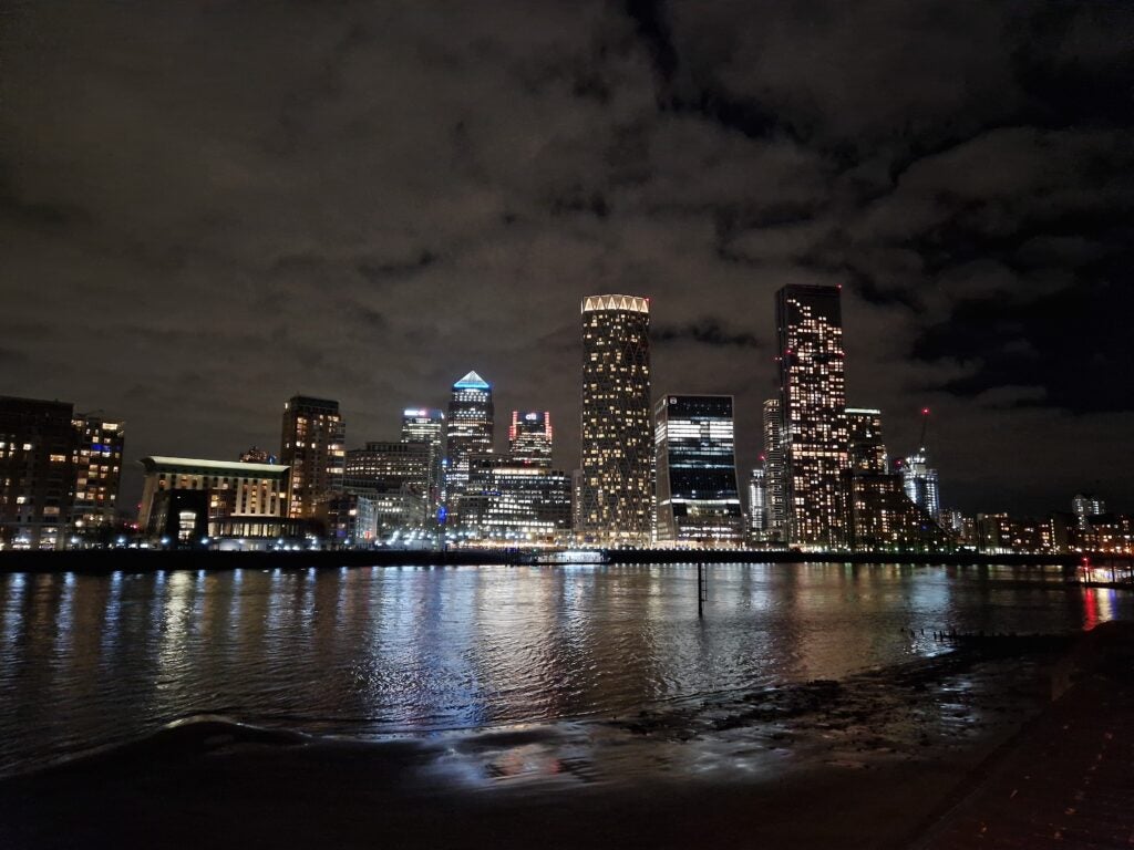 Samsung Galaxy S22 Plus photo of Canary Wharf in the evening, Night Mode off