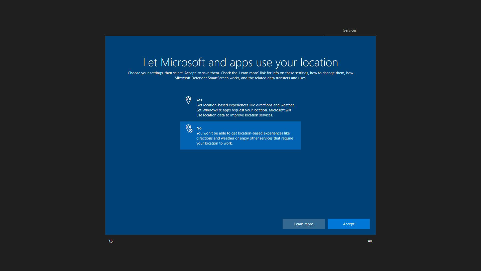 Let Microsoft and apps use your location question screen