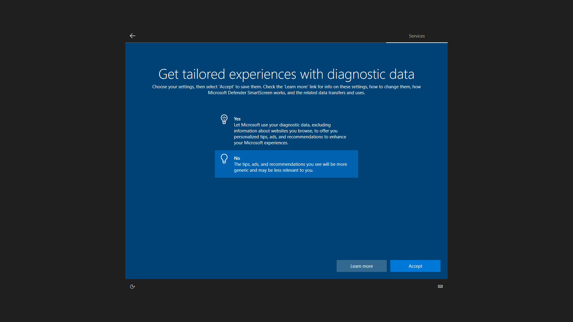 Tailored experiences query screen during Windows setup