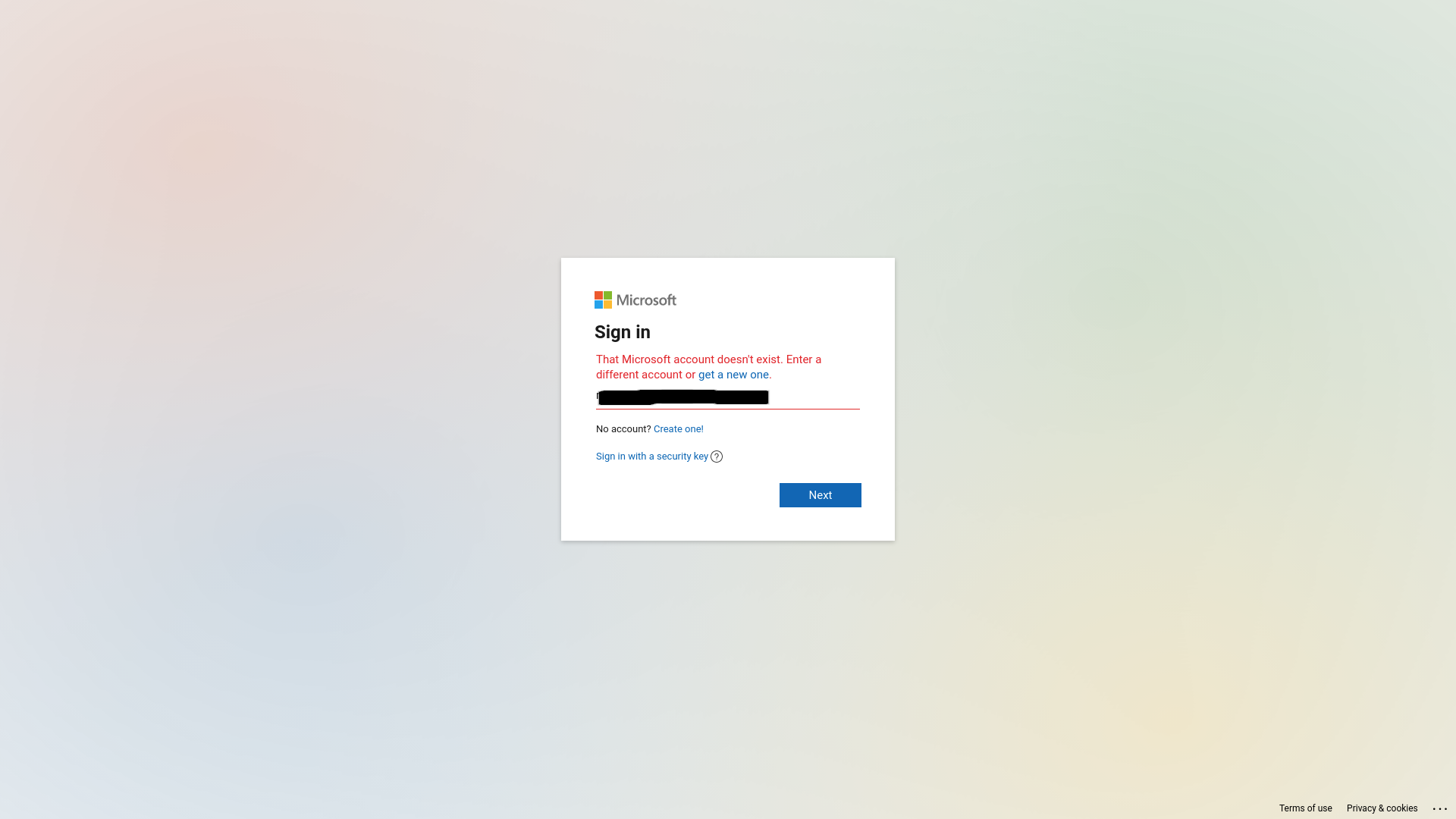 Microsoft sign in screen - this account doesn't exist
