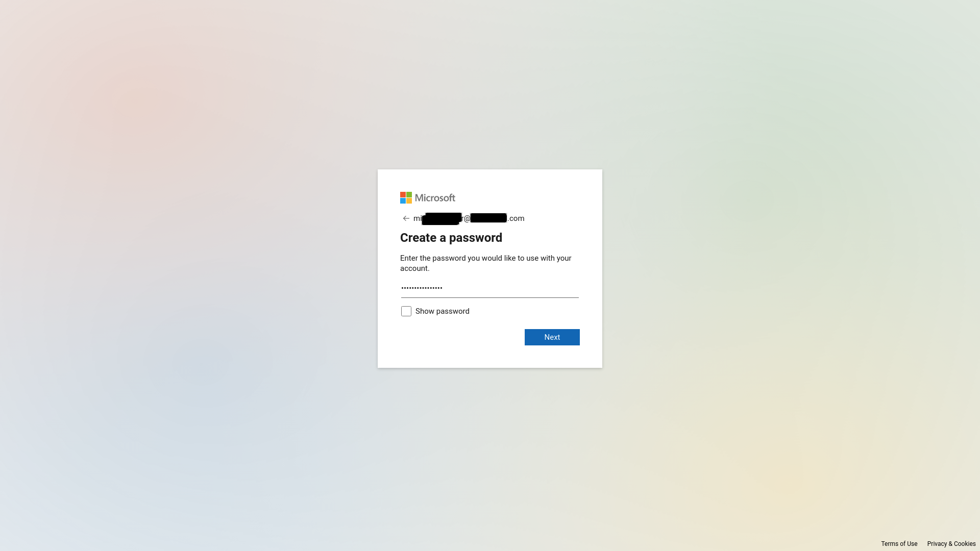 Enter a password for the new Microsoft account