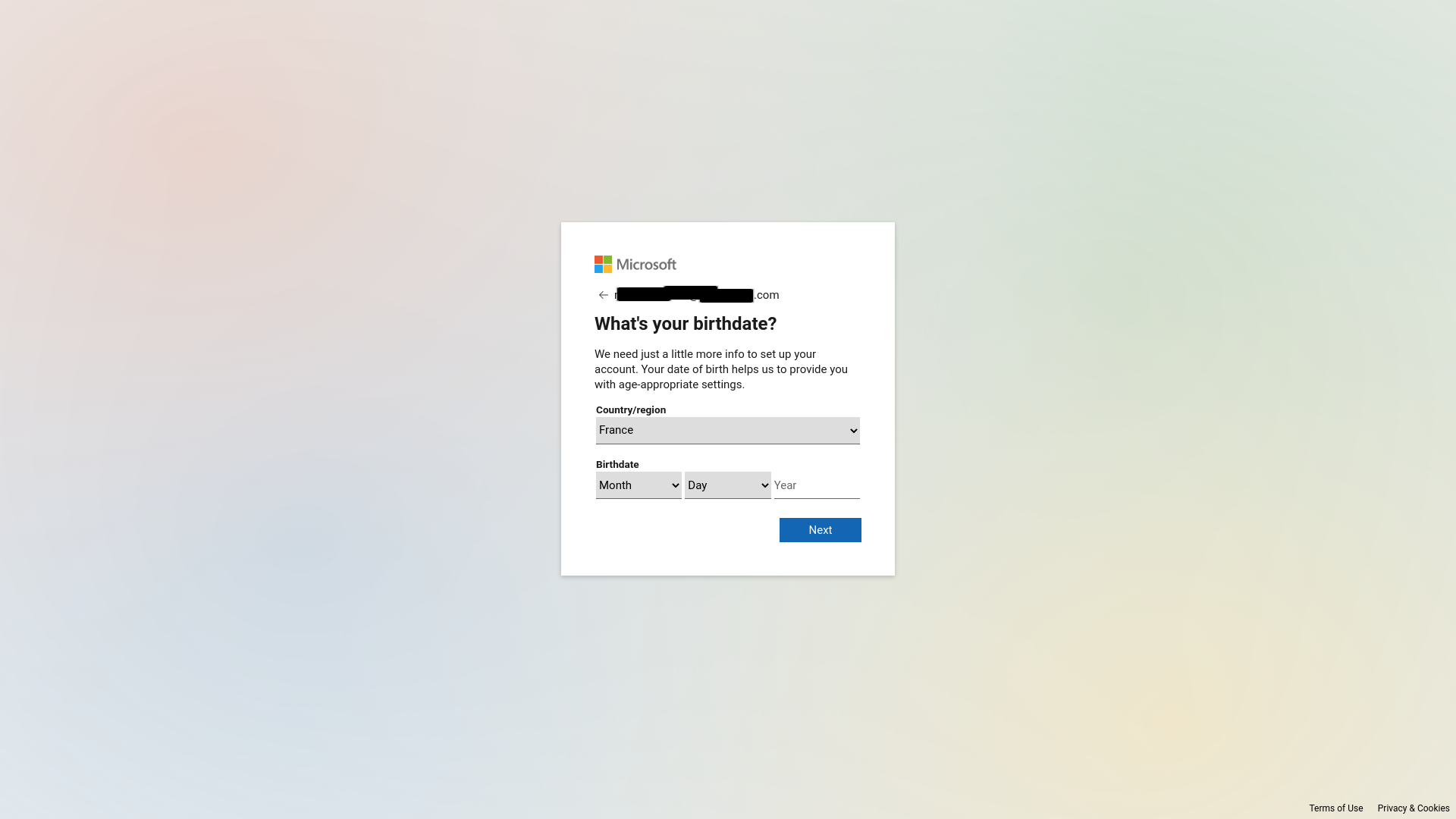 Microsoft account creation prompt - enter date of birth