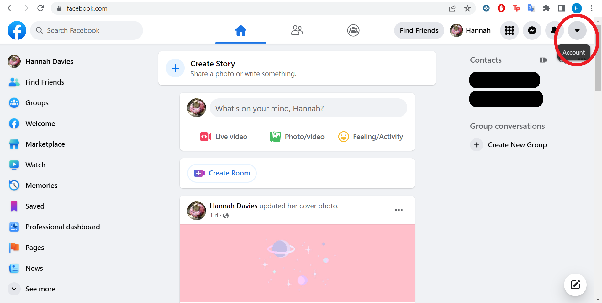 Facebook account settings dropdown menu