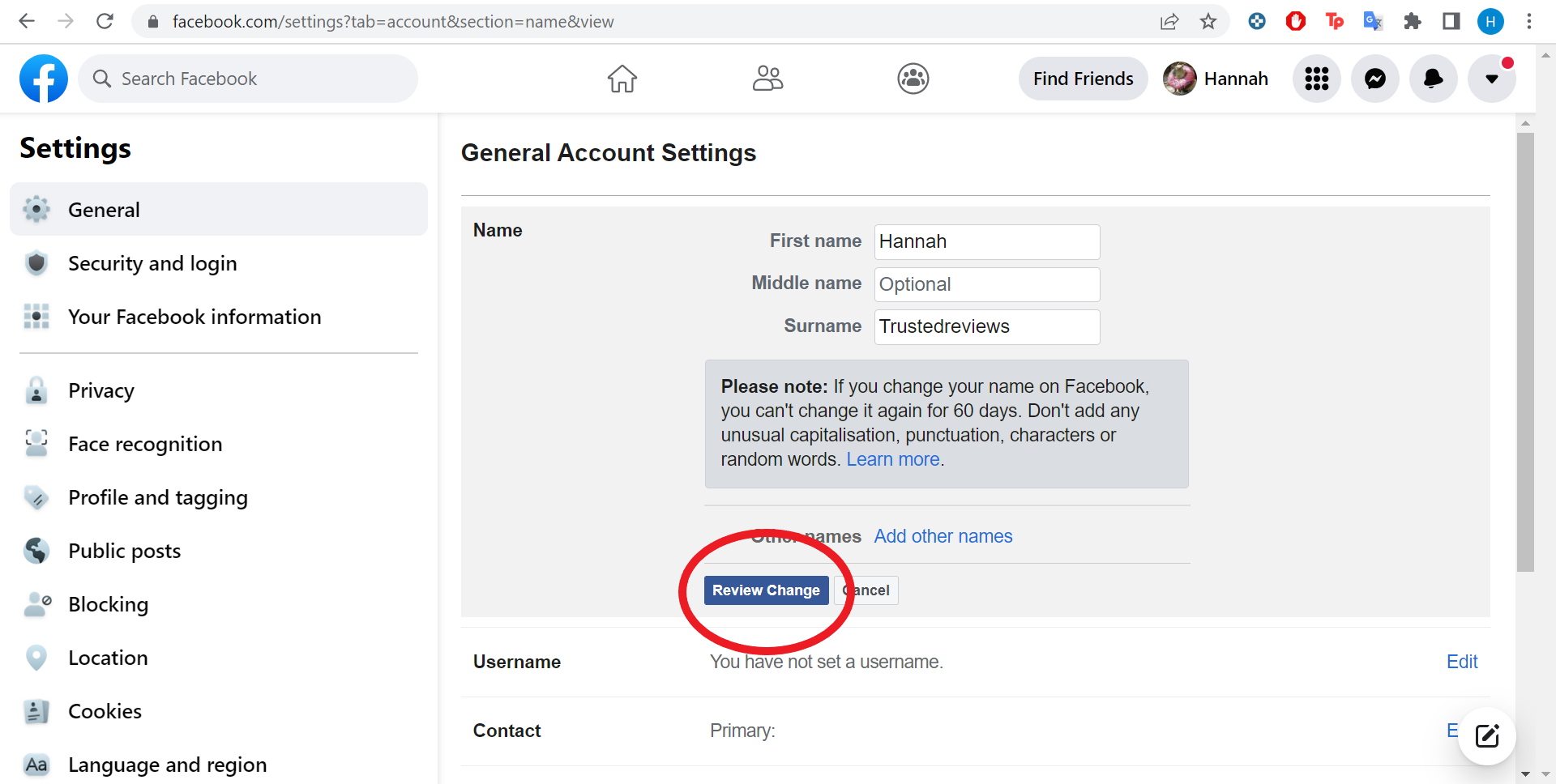 Review your name change on Facebook