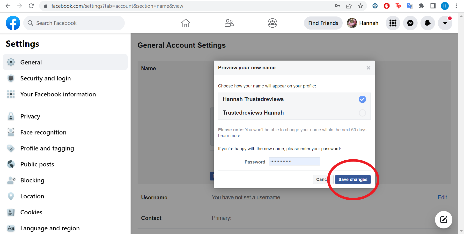 Enter your password and confirm your new name on Facebook