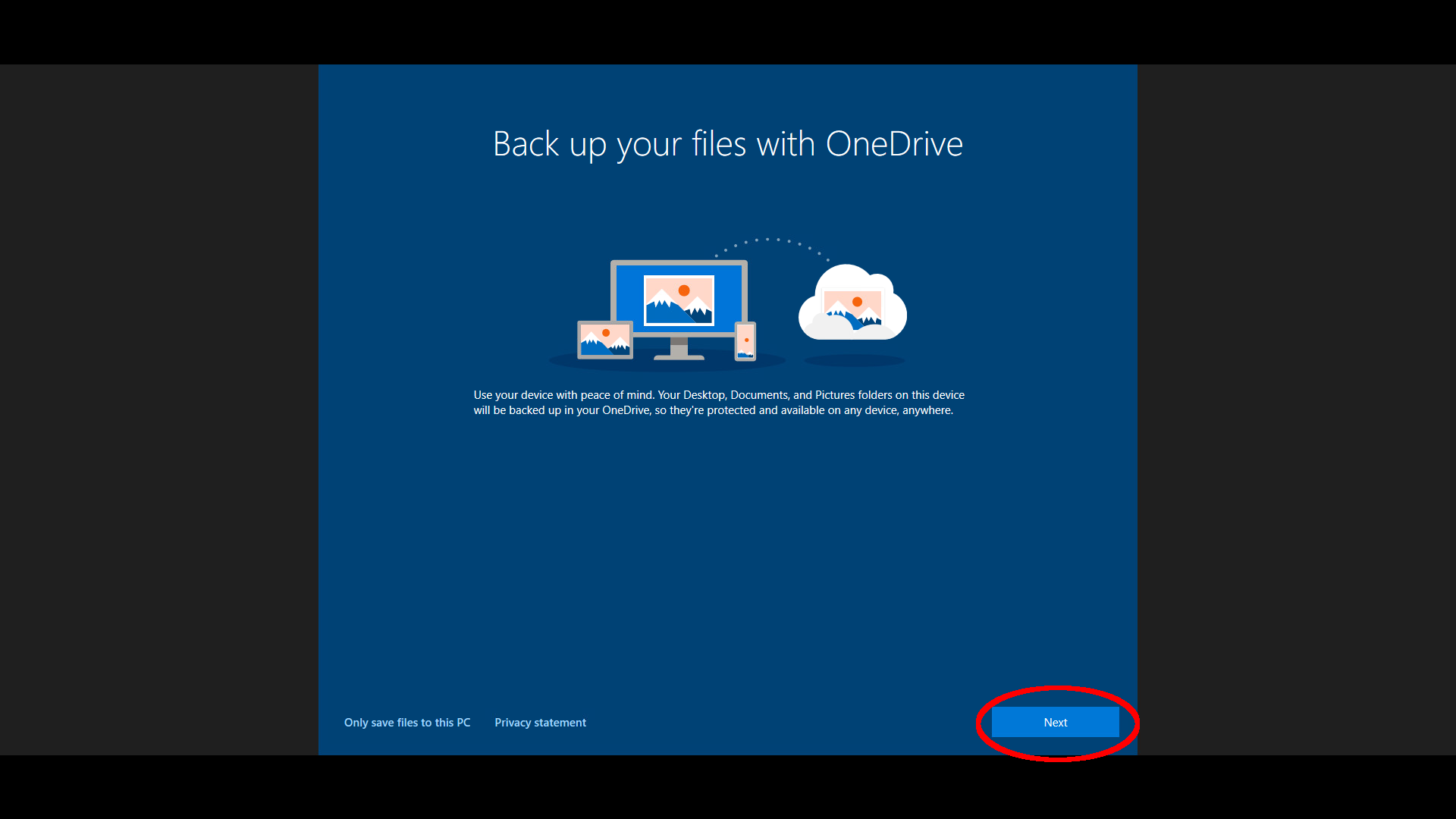 Microsoft explains the on-by-default OneDrive backup system, with Next circled in red