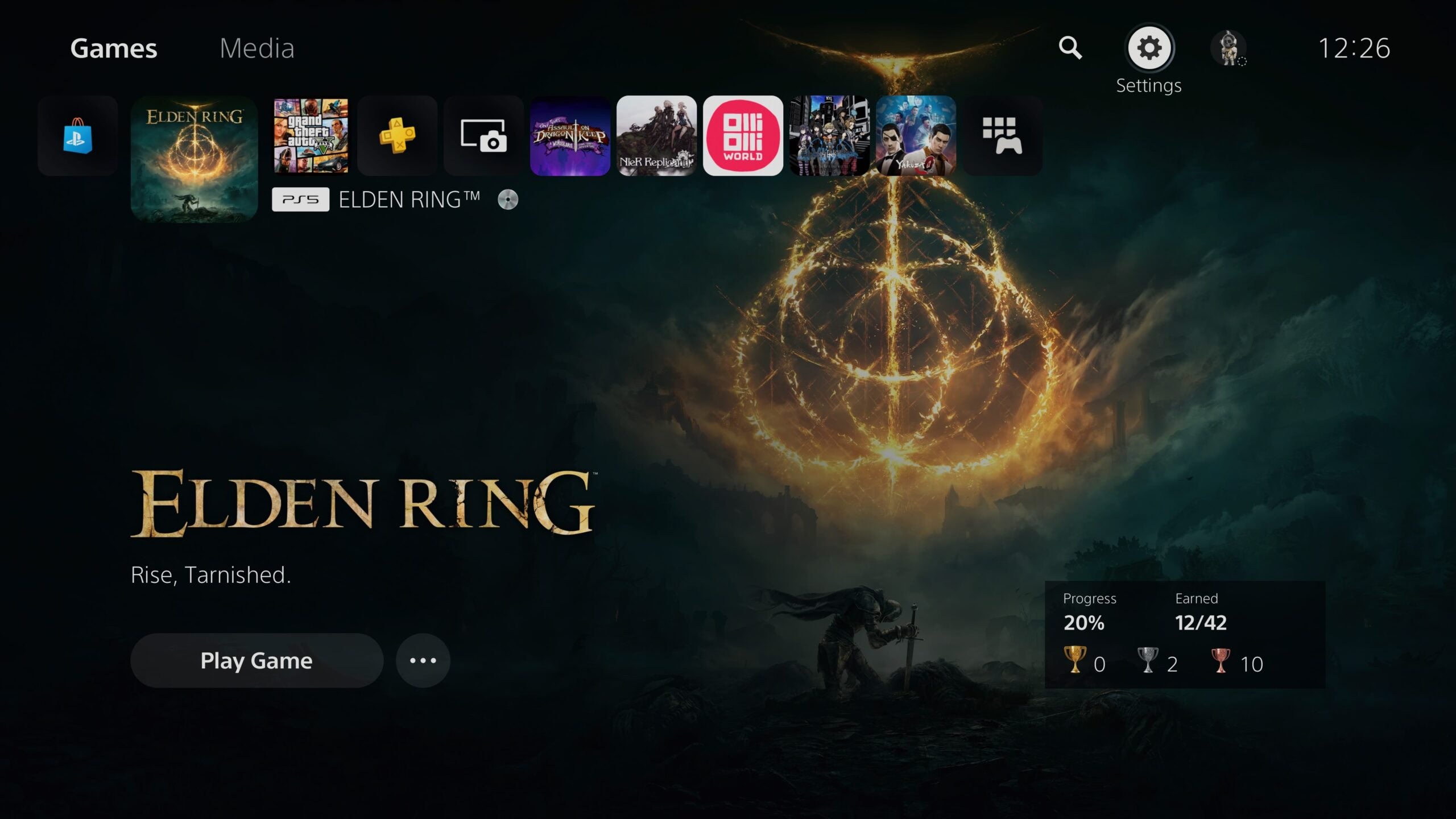 PS5 settings on home screen