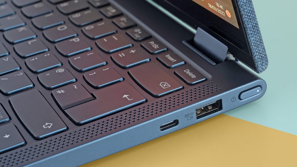 The USB-C and USB-A ports, as well as the power button