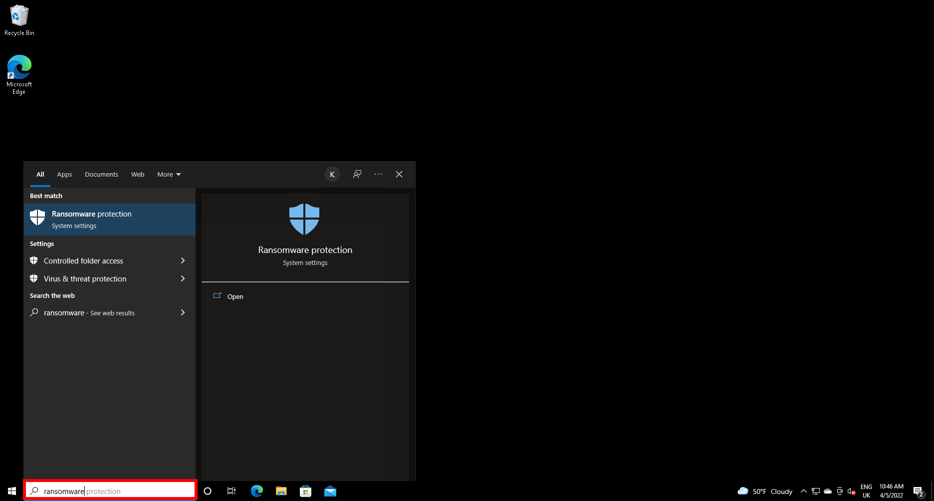 Ransomware is typed into the Windows search bar