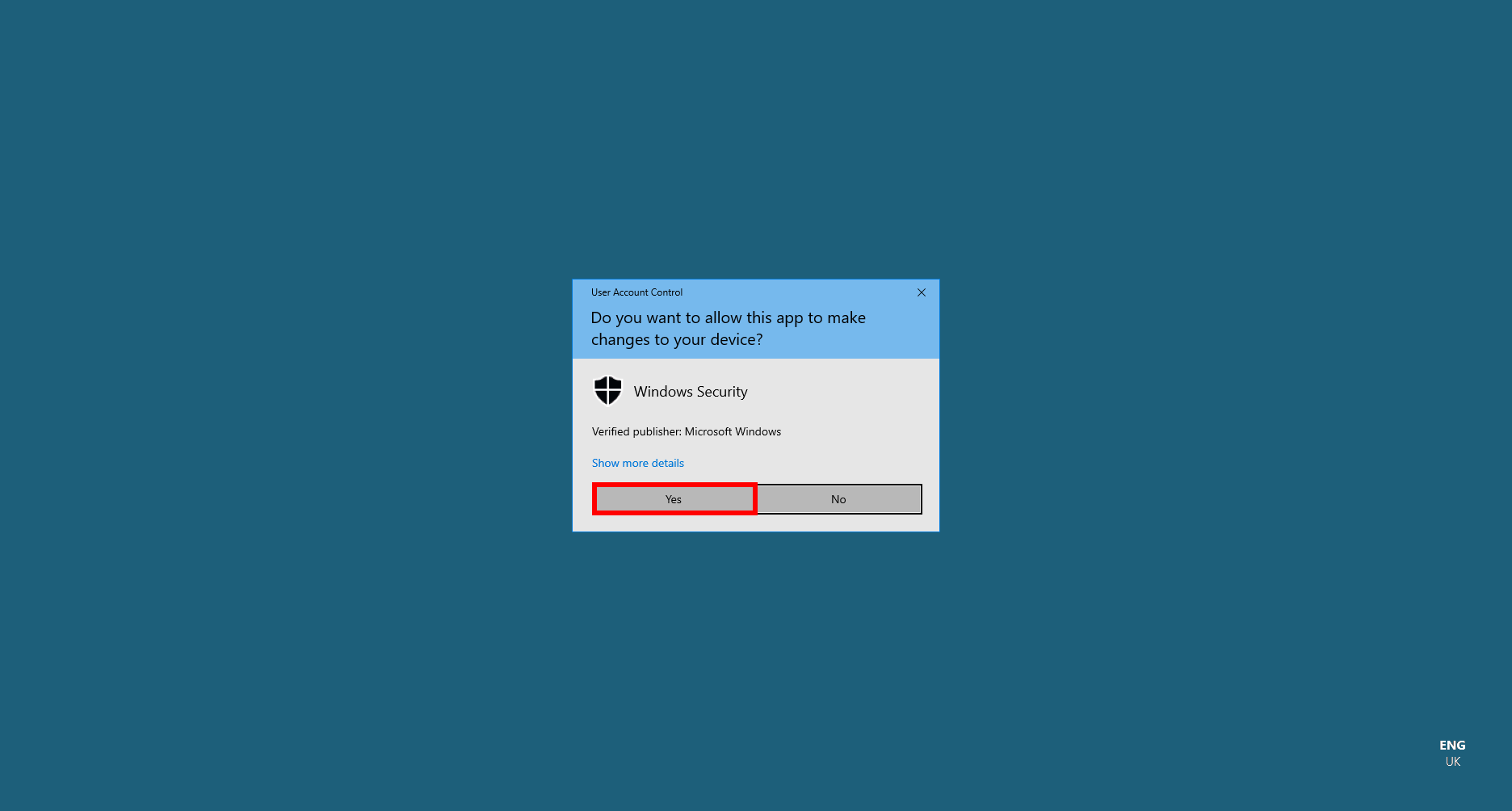 The yes option is highlighted on a Windows user account control challenge