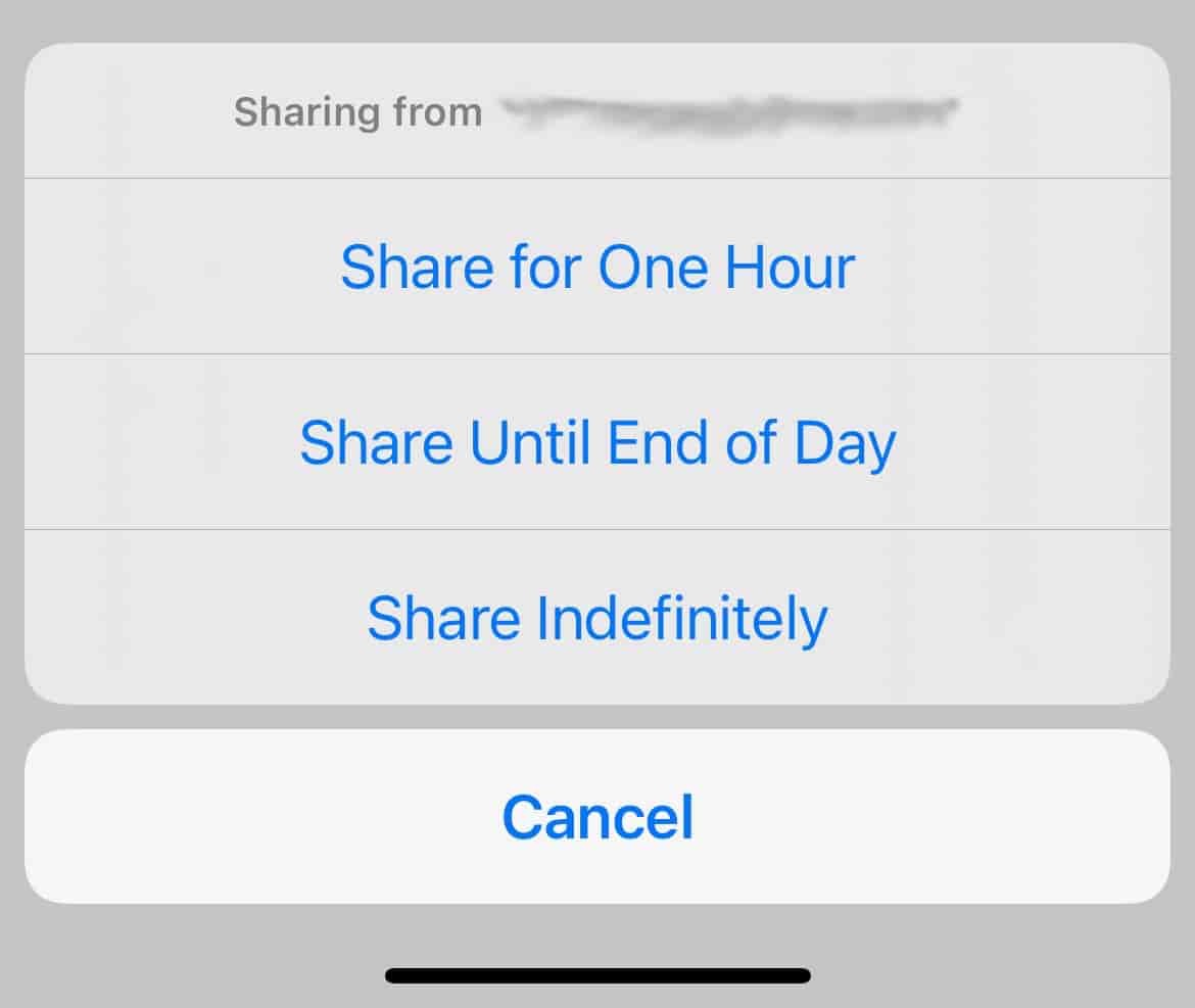 iOS Find My share location one hour