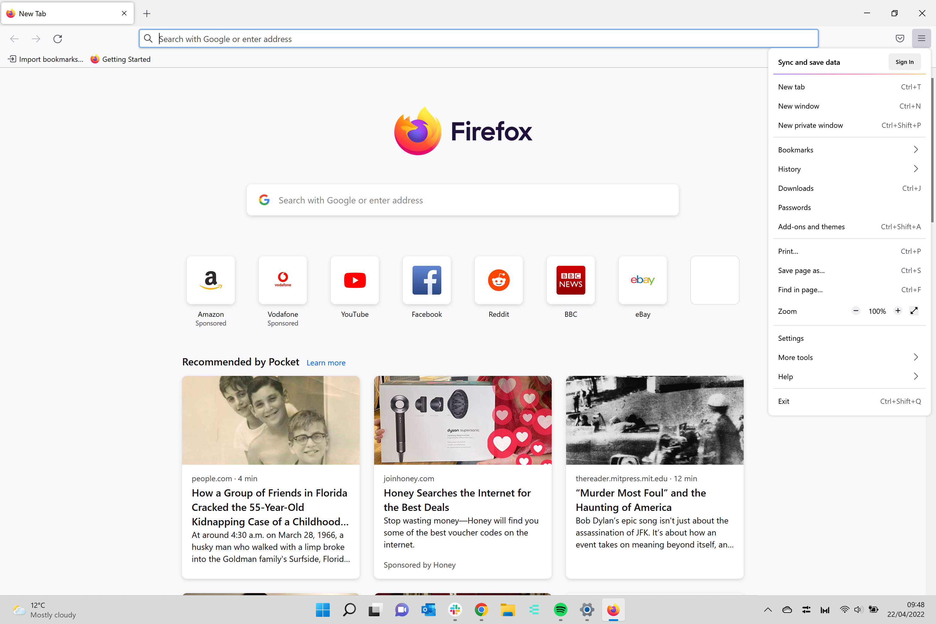 Clicking on the hambruger menu on the Firefox browser
