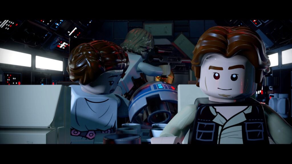 Han Solo, Princess Leia, R2D2 and Luke Skywalker aboard the Millenium Falcon