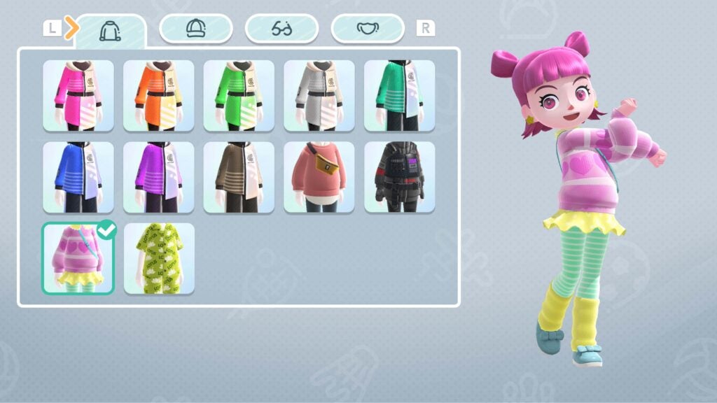 The selection of clothes you can access in Nintendo Switch Sports