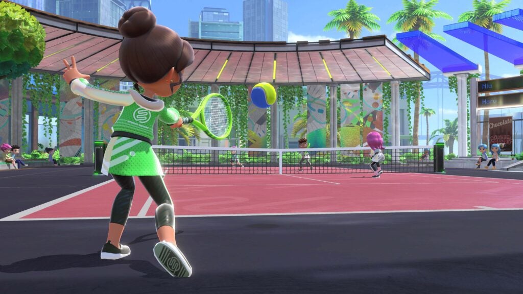 Un joueur sur le point de frapper la balle de tennis dans le jeu Tennis Sport de Switch Sports